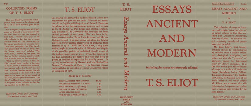Item #15560 Essays Ancient and Modern. T. S. Eliot