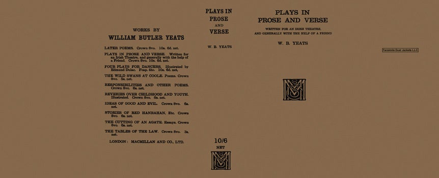 Item #16319 Plays in Prose and Verse. W. B. Yeats.