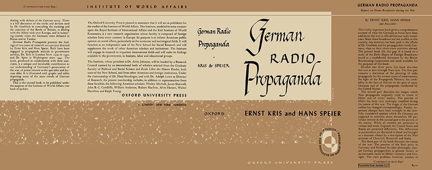 Item #18143 German Radio Propaganda. Ernst Kris, Hans Speier