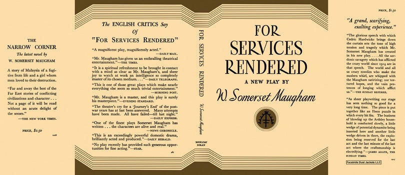 Item #20648 For Services Rendered. W. Somerset Maugham.