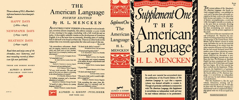 Item #46106 Supplement One, The American Language. H. L. Mencken.