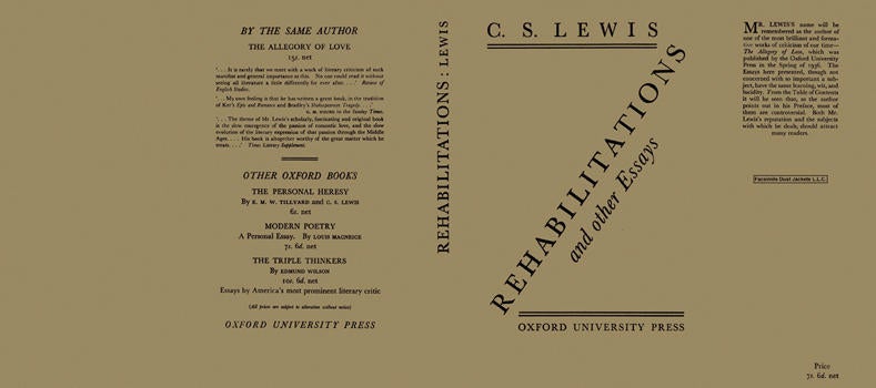 Item #5622 Rehabilitations and Other Essays. C. S. Lewis.