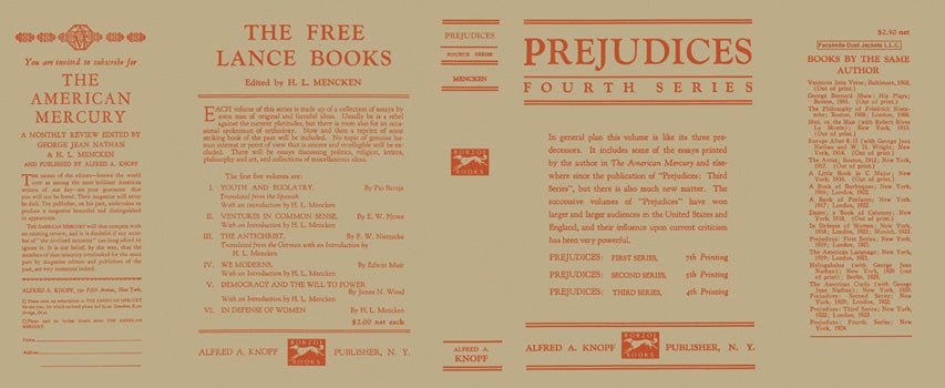 Item #5656 Prejudices, Fourth Series. H. L. Mencken.
