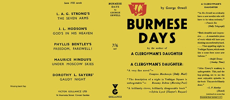 Item #57181 Burmese Days (missing back flap). George Orwell.