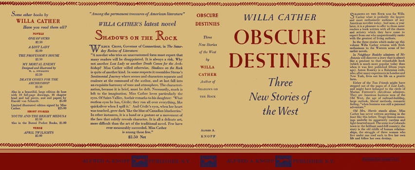 Item #6632 Obscure Destinies. Willa Cather.