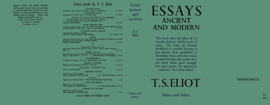 Item #8093 Essays Ancient and Modern. T. S. Eliot